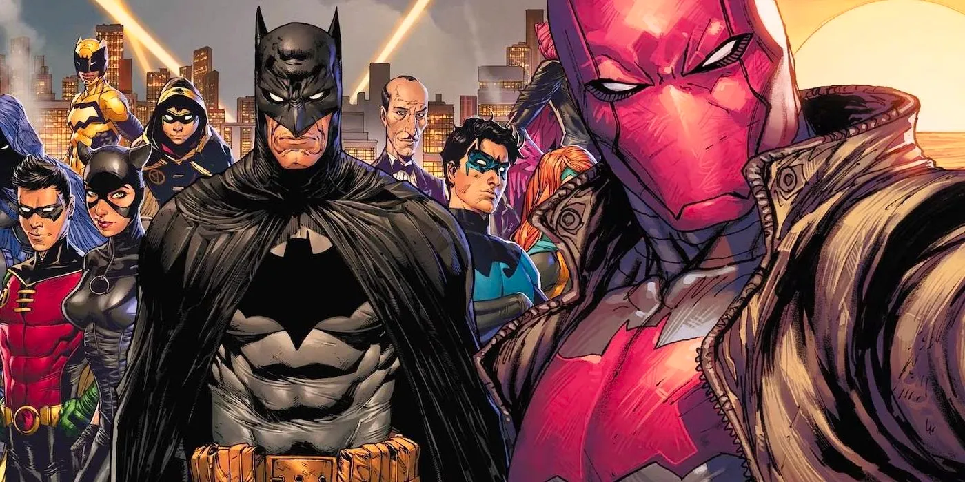 Red Hood is taking a selfie, in the background is Batman, Nightwing, Batgirl, and other Bat-Family members. Image