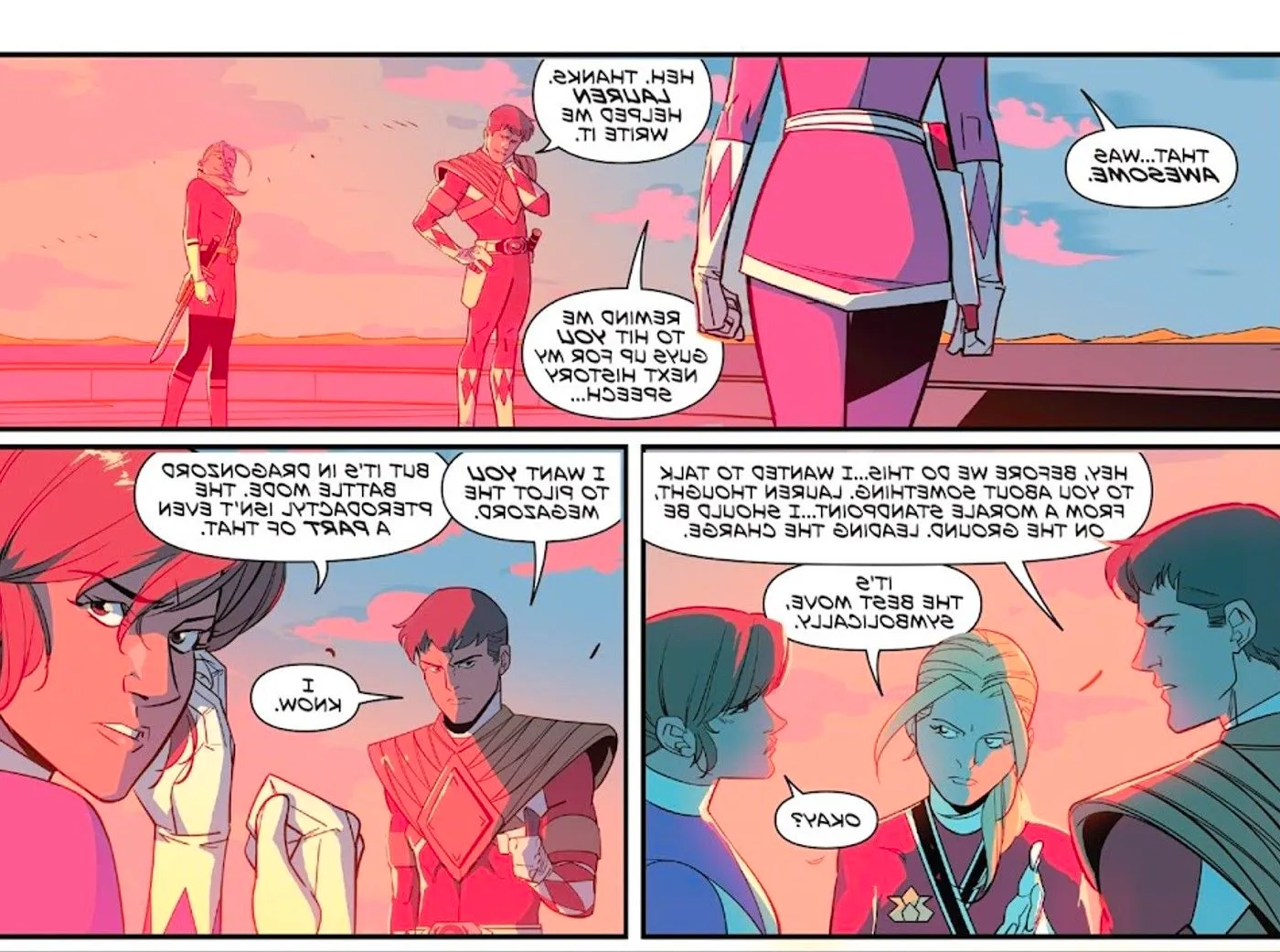 Red Ranger Jason Lee Scott and Samurai Lauren Shiba ask Pink Ranger Kimberly Ann Hart to pilot the Green Ranger's Dragonzord in Mighty Morphin Power Rangers #30 Image