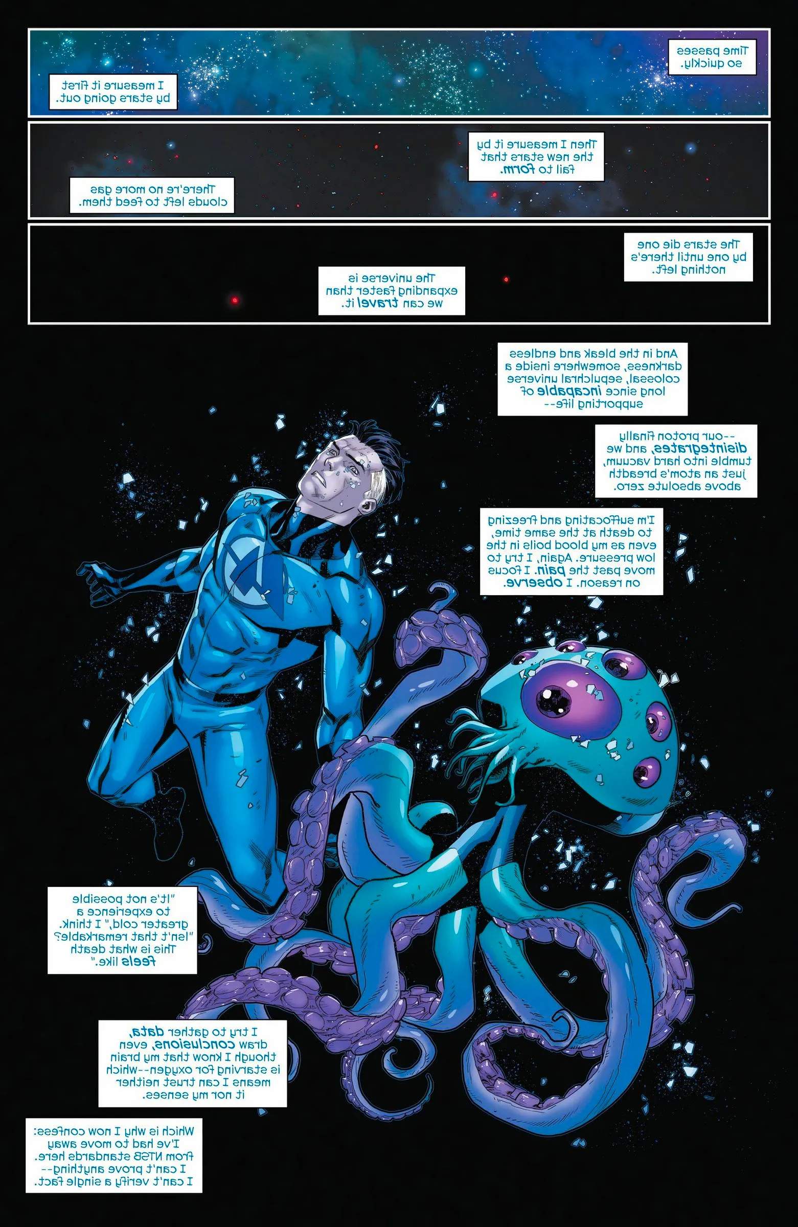 Reed Richards and the alien Zrixa float in darkness as the stars and universe disappear. Image