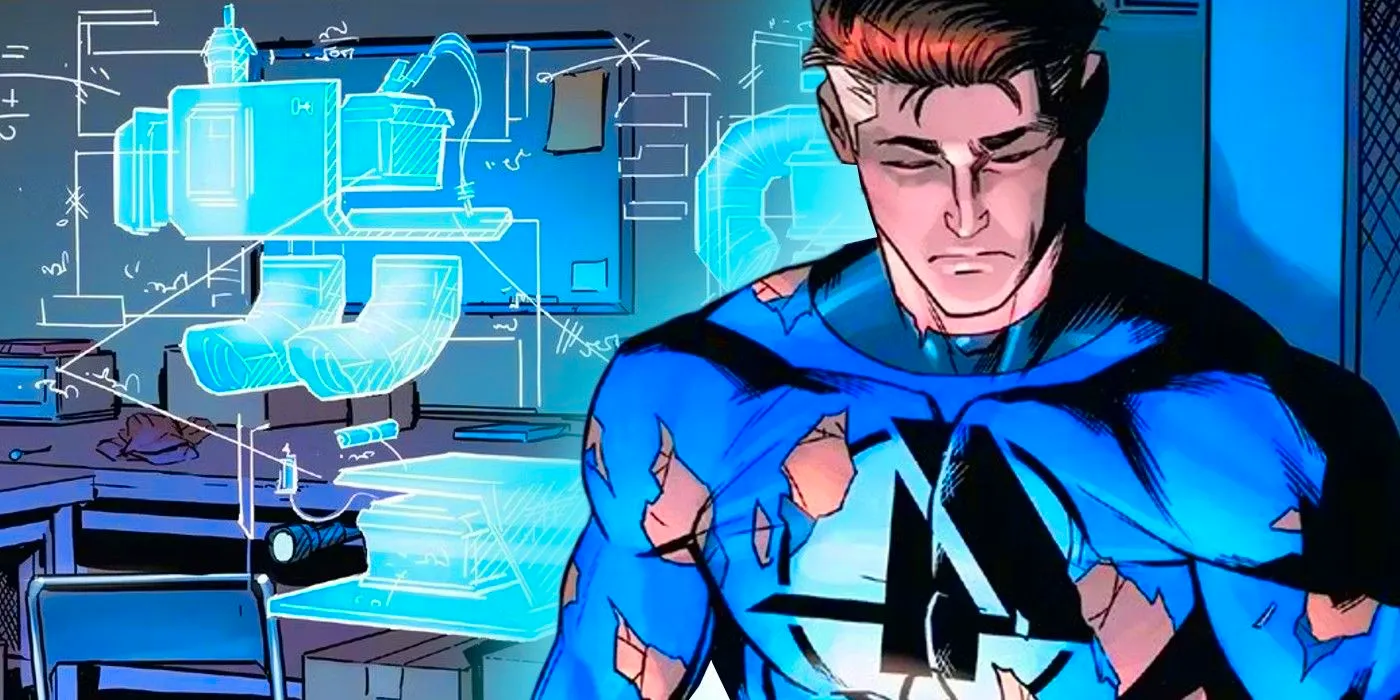 Reed Richards, in a torn Fantastic Four costume, in front of his laboratory technology. Image