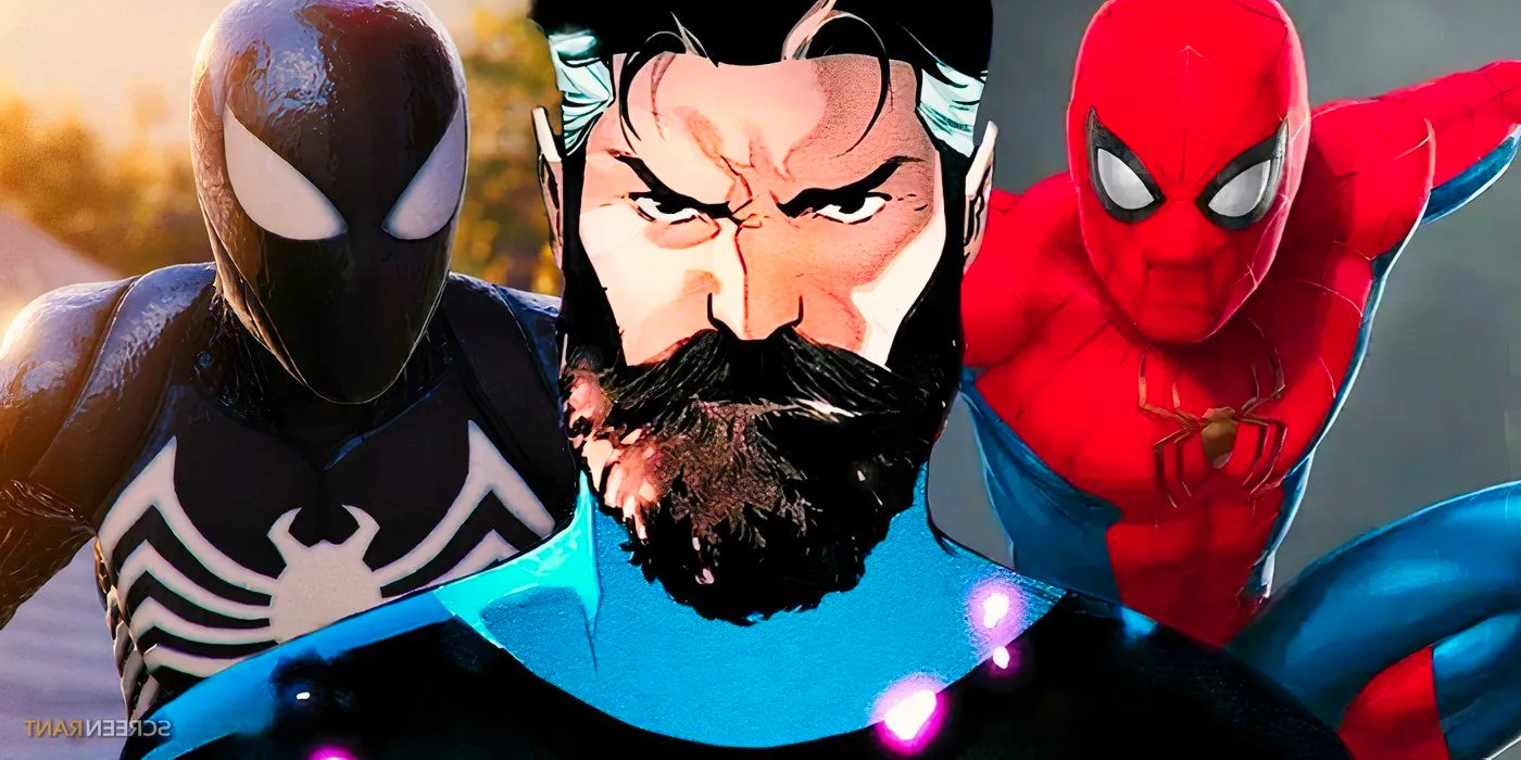 Reed Richards with a beard in Marvel Comics and Tom Holland's Spider-Man suit from the end of Spider-Man: No Way Home and the black suit from Marvel's Spider-Man 2 Image