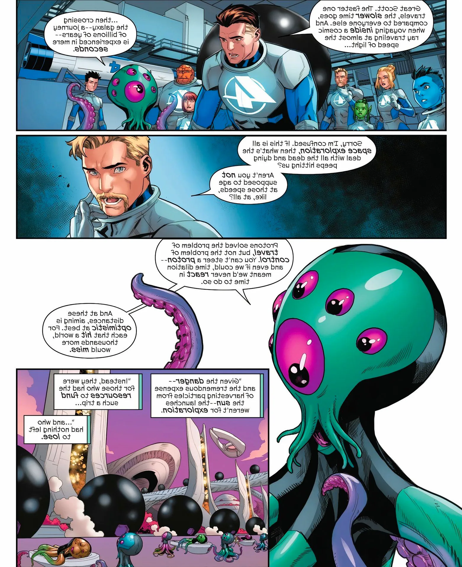 Reed Richars, Human Torch, and the F4 speak to the octopus-like alien Zrixa about Proton Travel.  Image