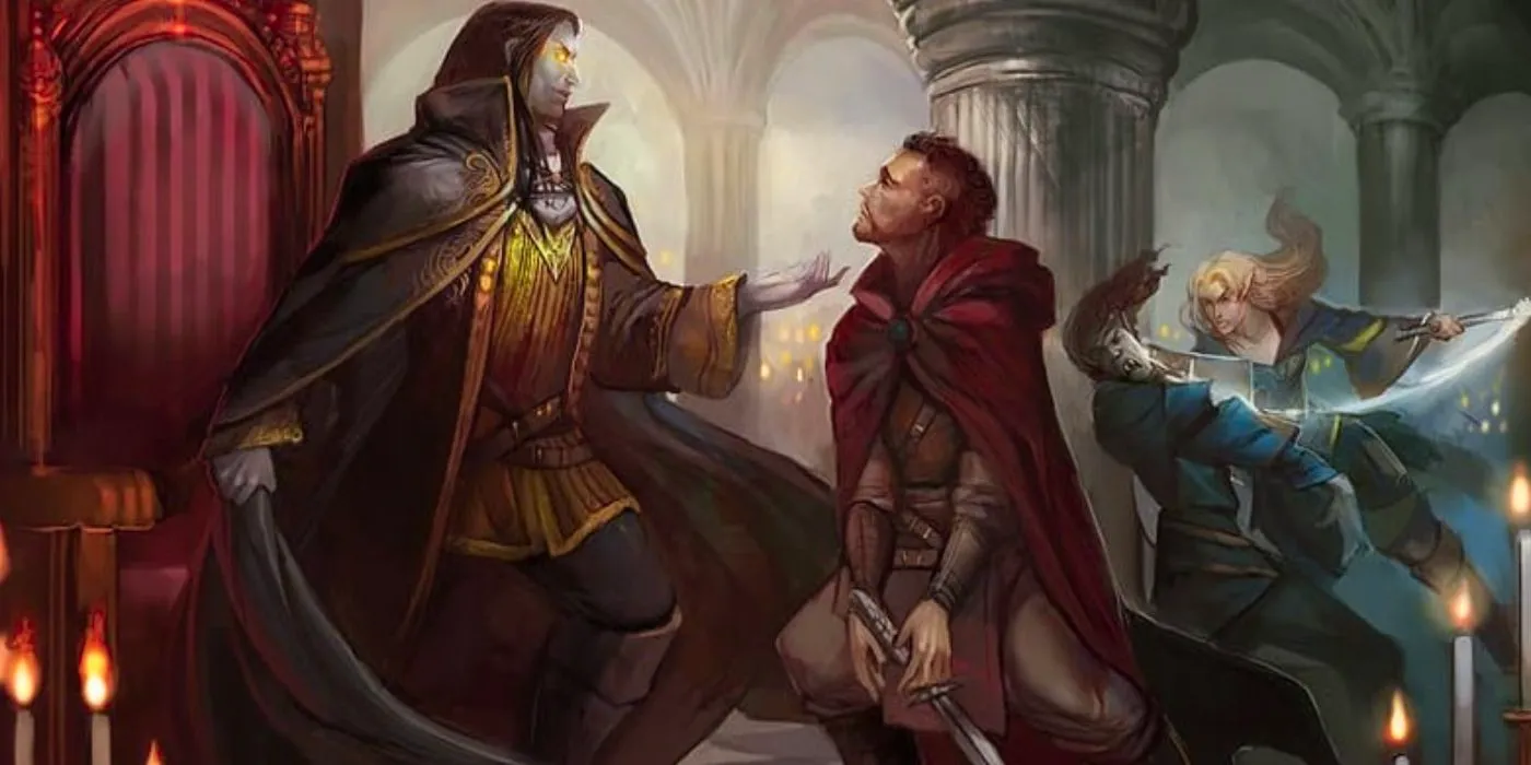 regal D&D character uses charm on another player while a third character flies in from the background Image