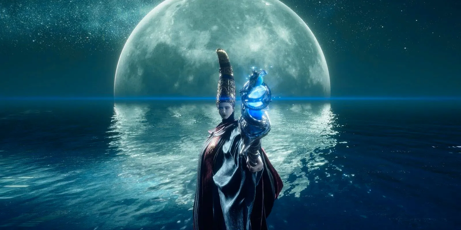 Rennala, Queen of the Full Moon, a boss from Elden Ring, with the moon setting in the background. Image