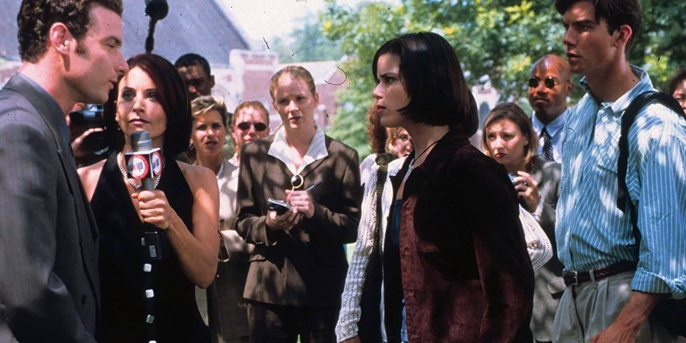 reporters gathered around Sidney, Gale, and Cotton in Scream 3 Image