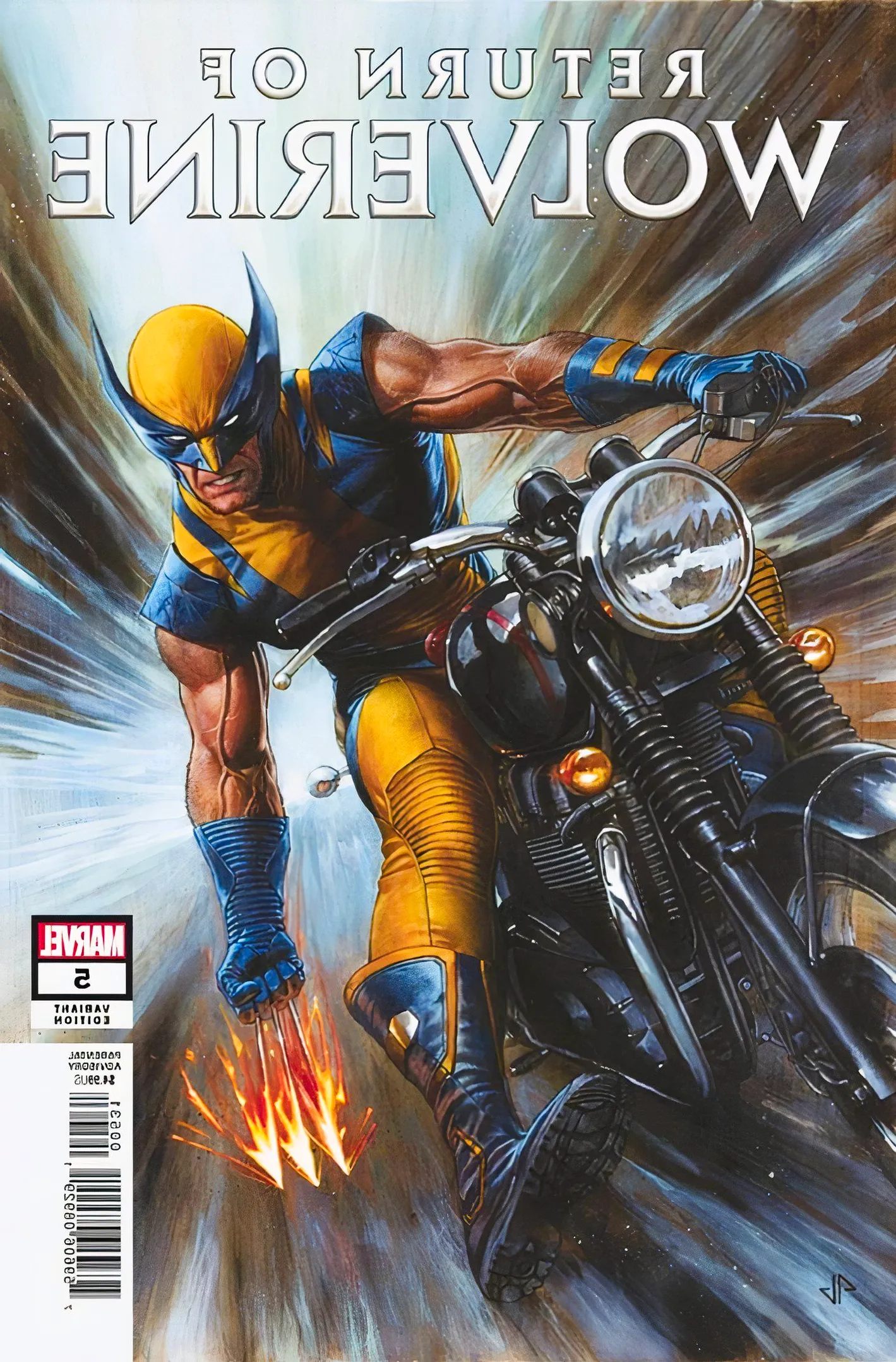 Return of Wolverine #5, Wolverine on a motorcycle dragging his claws on the road, generating sparks Image