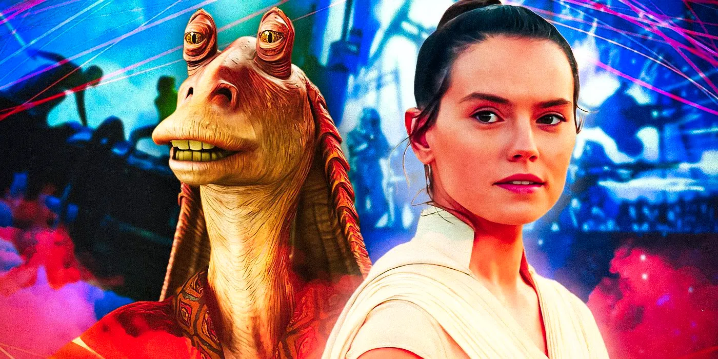 Rey from The Rise of Skywalker to the left and Jar Jar Binks from the prequel trilogy to the right in front of a blue background with various Star Wars images Image