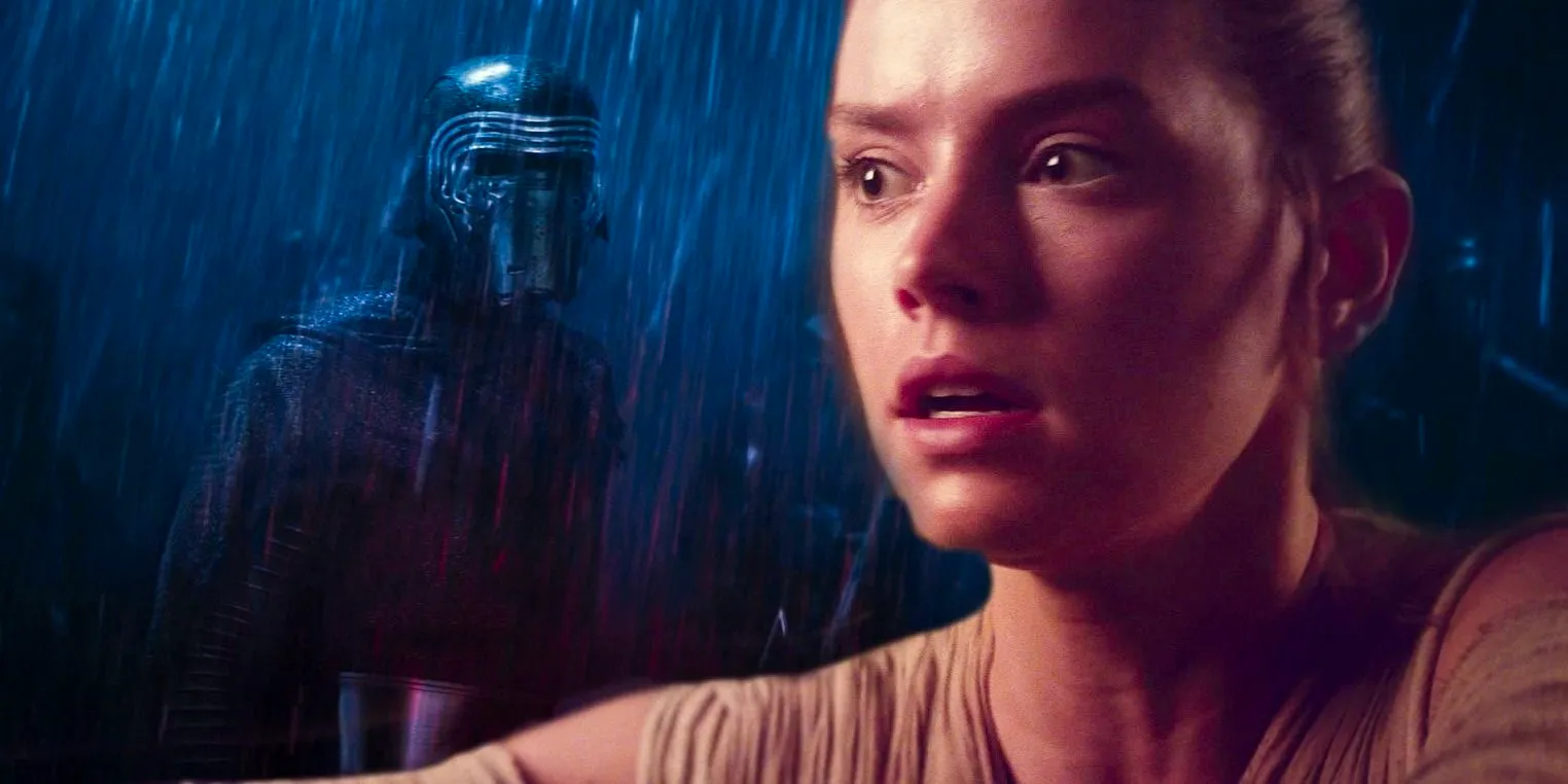 Rey looking shocked to the left and Kylo Ren standing in the rain to the right in a combined image from The Force Awakens Image