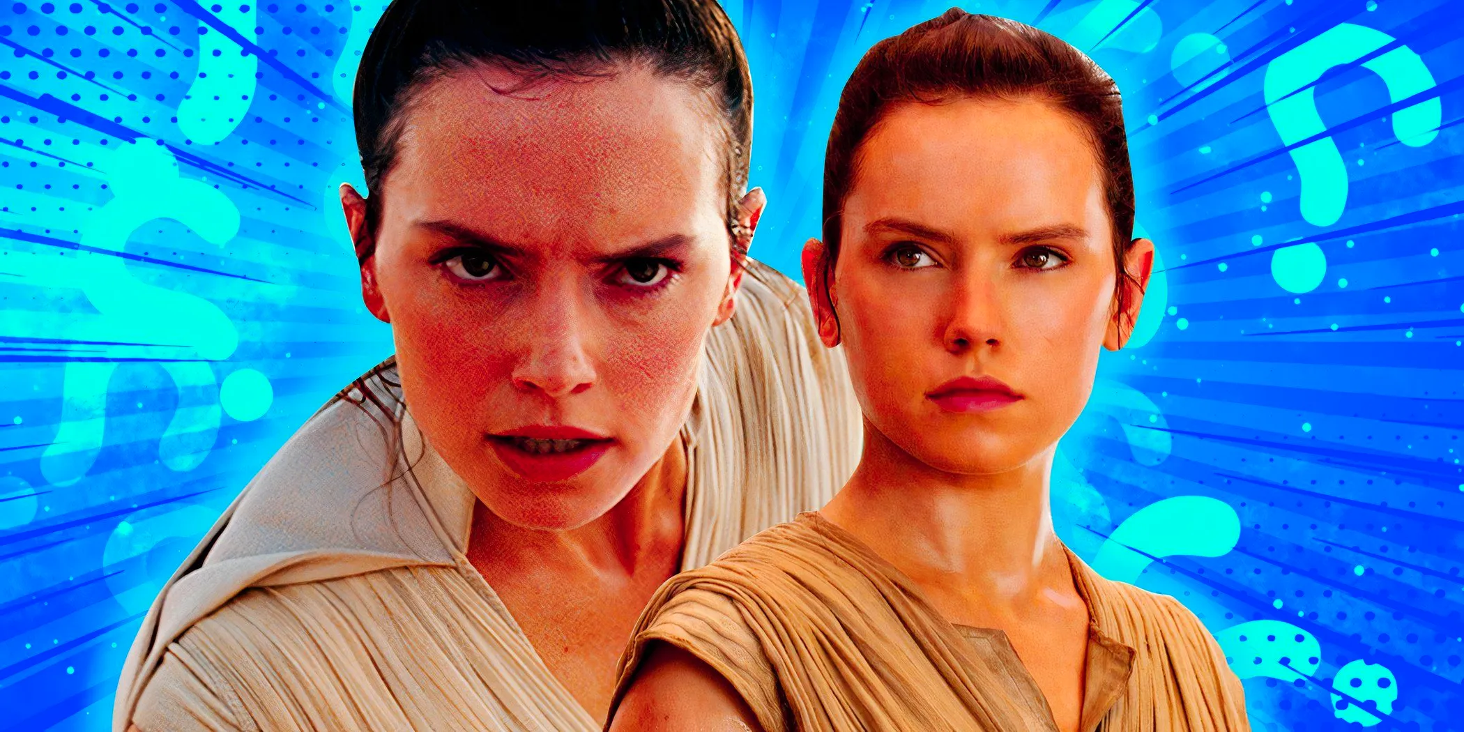 Rey Skywalker (Daisy Ridley) in Star Wars: The Force Awakens and Star Wars: The Rise of Skywalker in front of a blue background with question marks. Image