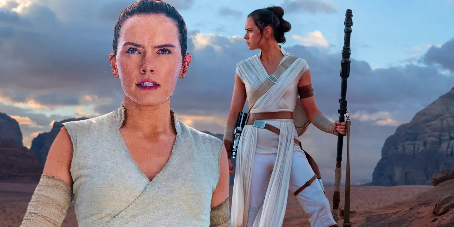 Rey Skywalker standing with her staff to left and looking serious to the right in front of a background showing a rocky terrain Image