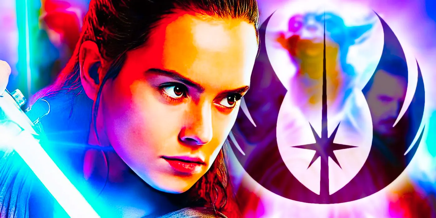 Rey Skywalker with her lightsaber in front of a faded image of Yoda and Qui-Gon.  Image