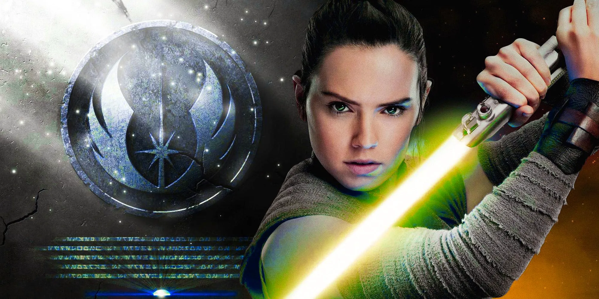 Rey wielding a yellow lightsaber to the left and the Jedi symbol with markings beneath it to the right Image