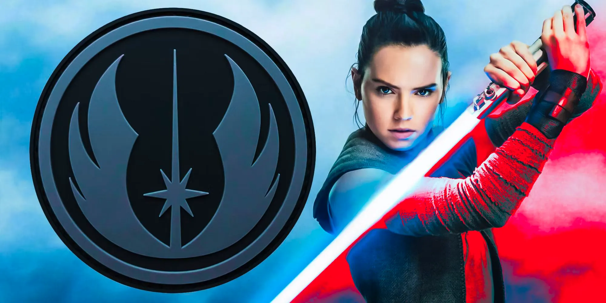 Rey with her blue lightsaber, with the boottom left corner shaded in red while the right side of the image has a grey Jedi Order logo. Image