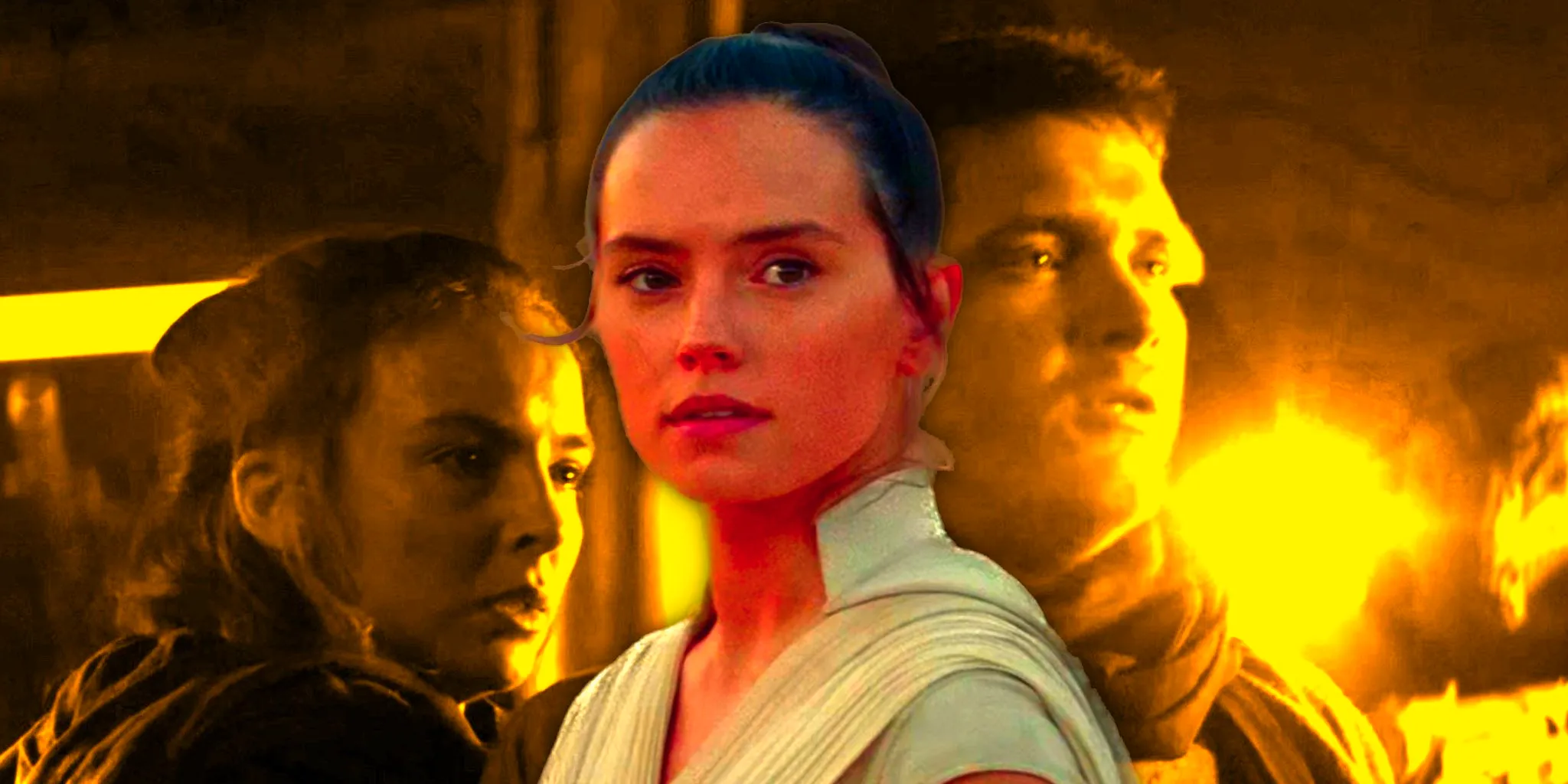 Rey's parents in The Rise of Skywalker flashback, with Rey in the foreground Image