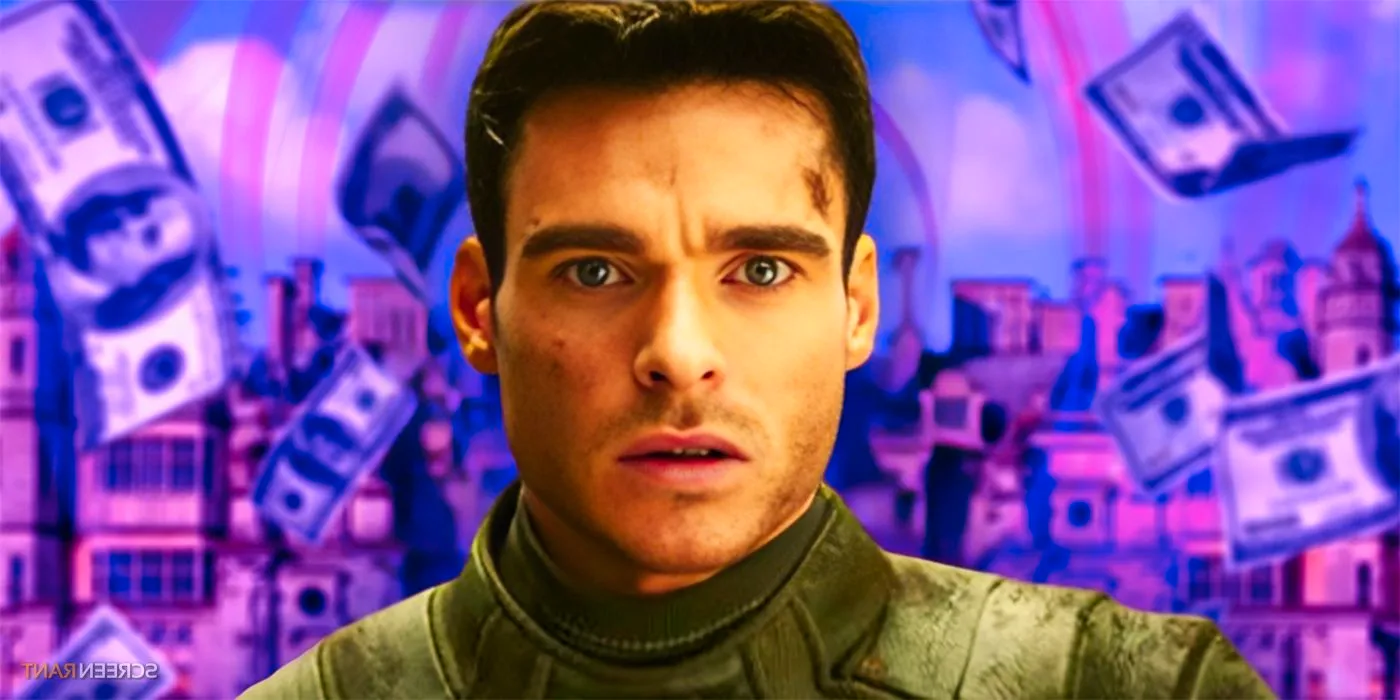 Richard Madden looking shocked as Mason Kane in Amazon's Citadel against a purple background of money Image