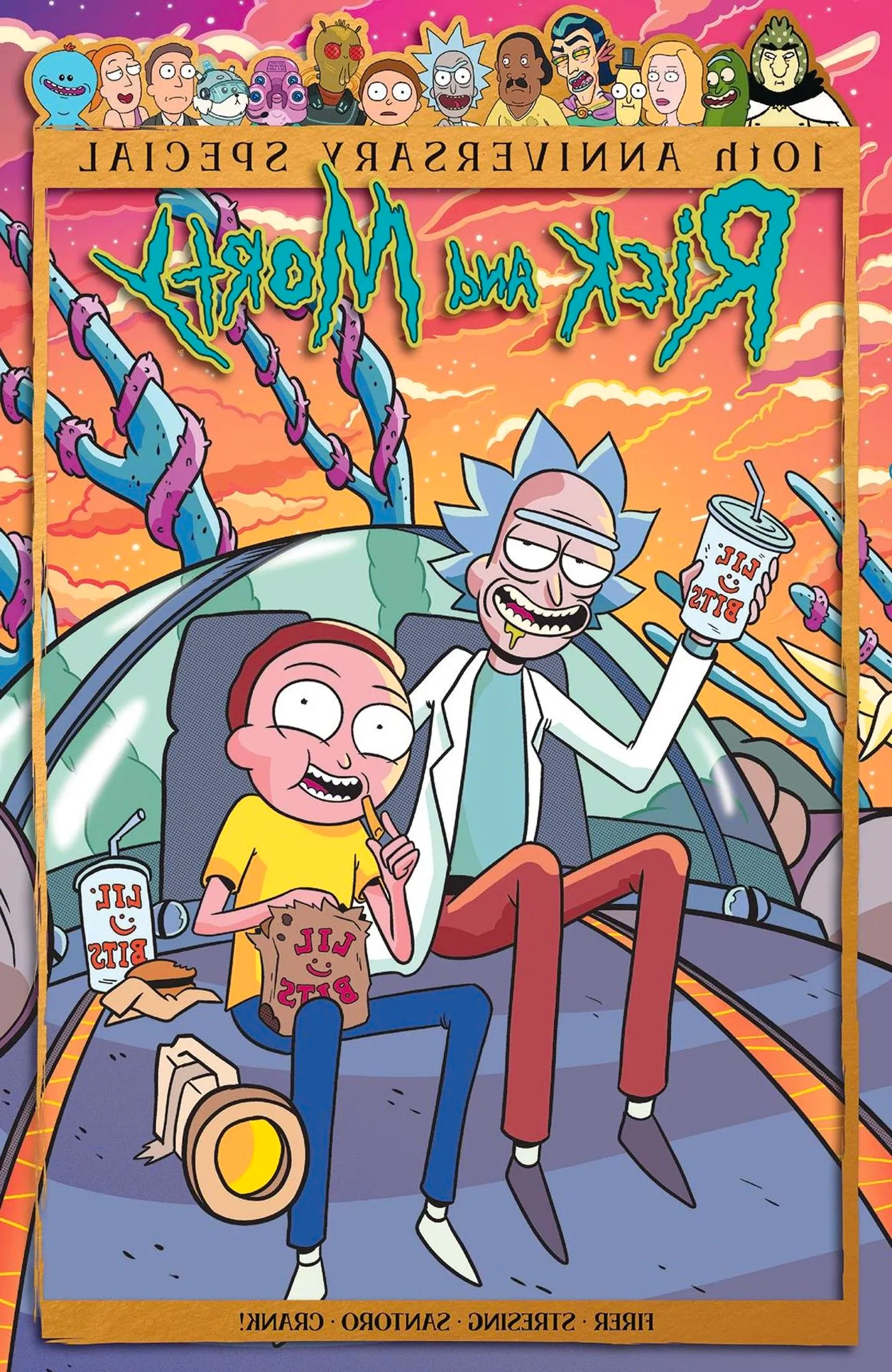 Rick and Morty 10th Anniversary comic cover, the characters drinking soda & munching on snacks. Image