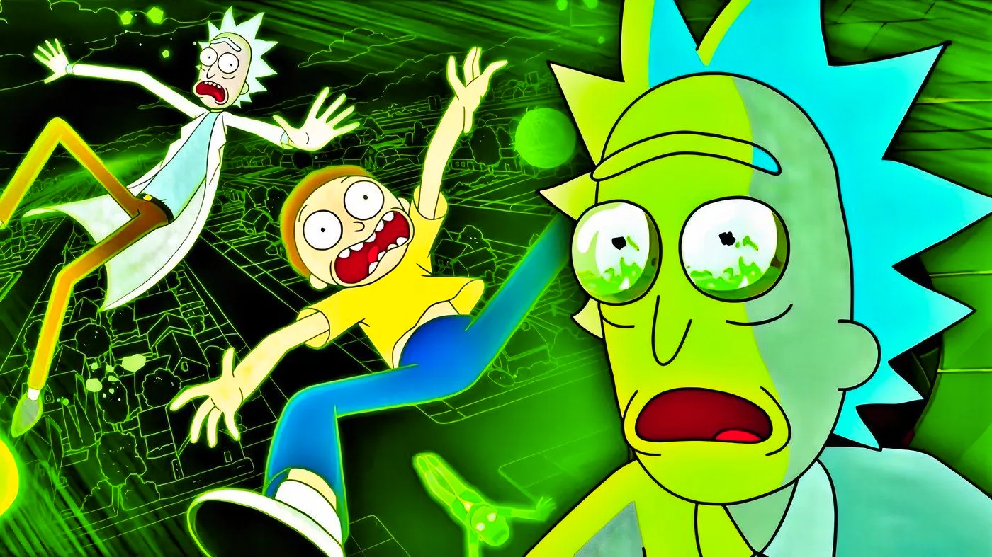 Rick and Morty falling through virtual space while another Rick watches in horror. Image