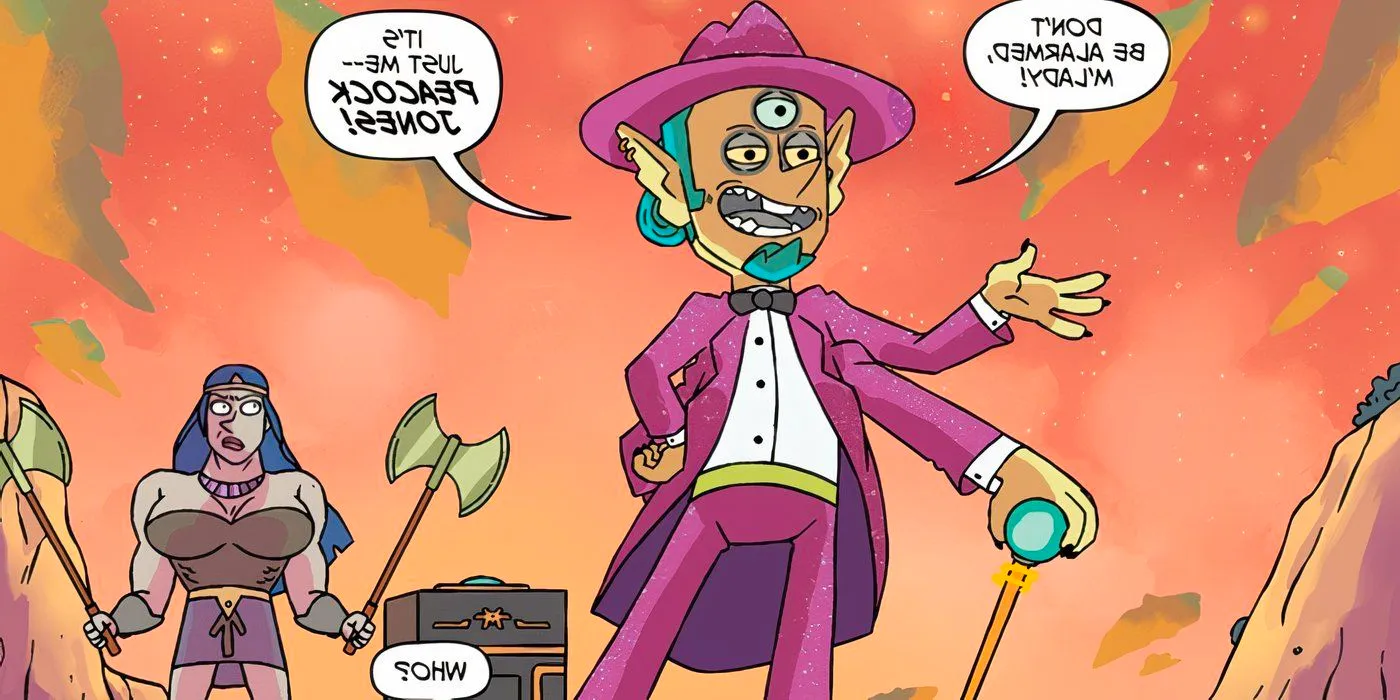 Rick and Morty introducing a Doctor Who parody character: Peacock Jones. Image