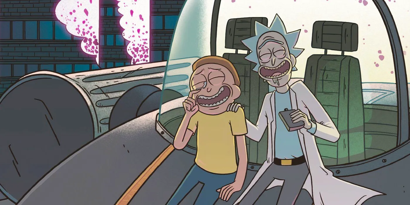 Rick and Morty laughing together. Image