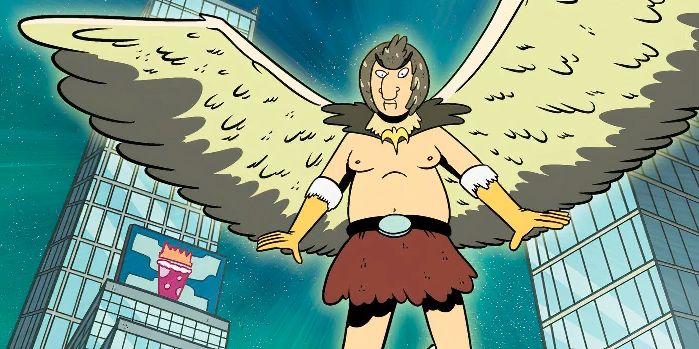 Rick and Morty's Birdperson flying down from the sky. Image