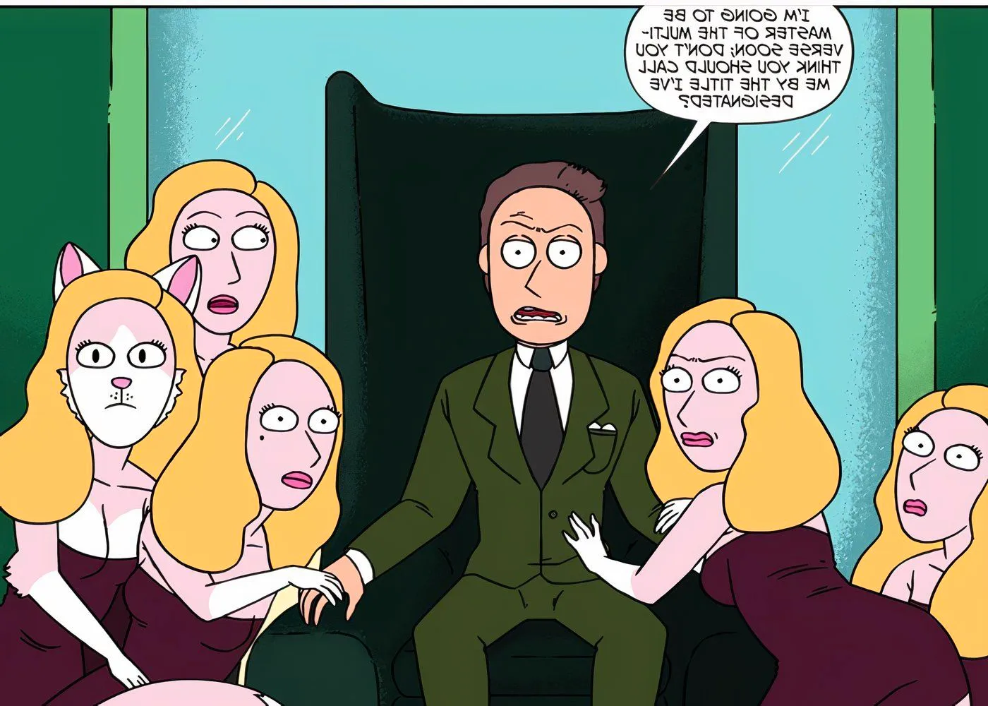 Rick and Morty's Doofus Jerry sitting on a throne with many Beths. Image