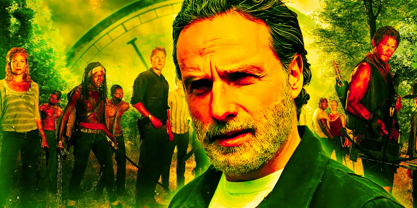 Rick Grimes in The Ones Who Live surrounded by classic Walking Dead characters Image