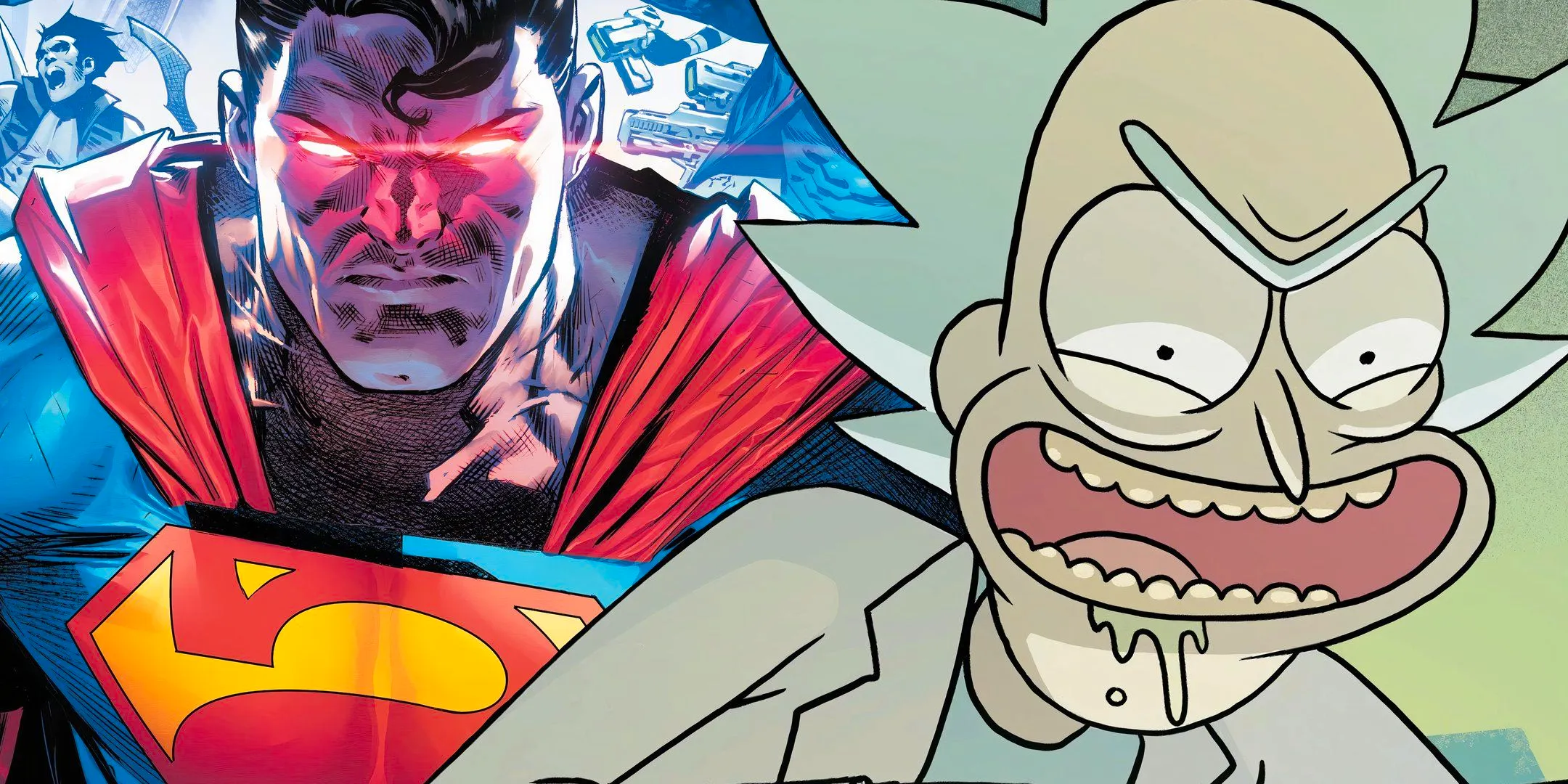 Rick Sanchez and Superman with Glowing Eyes Featured Image