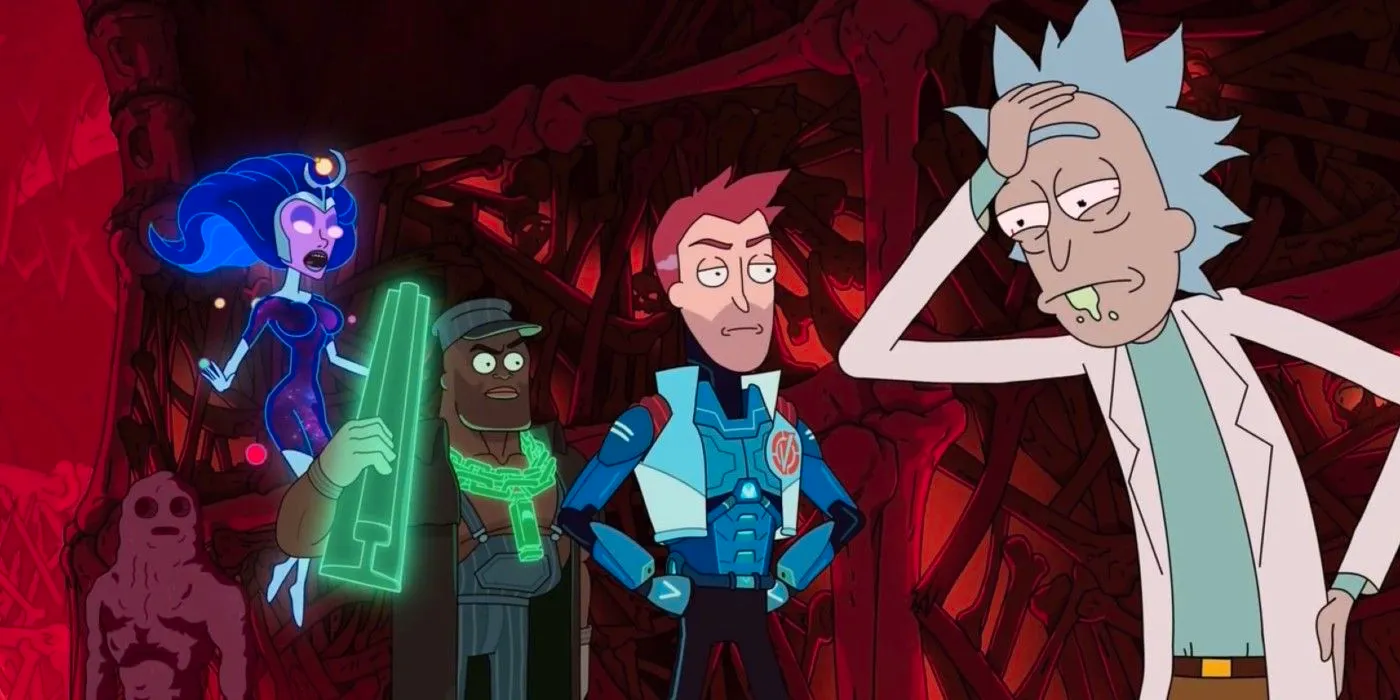 Rick standing drunk beside the Vindicators Rick and Morty Image