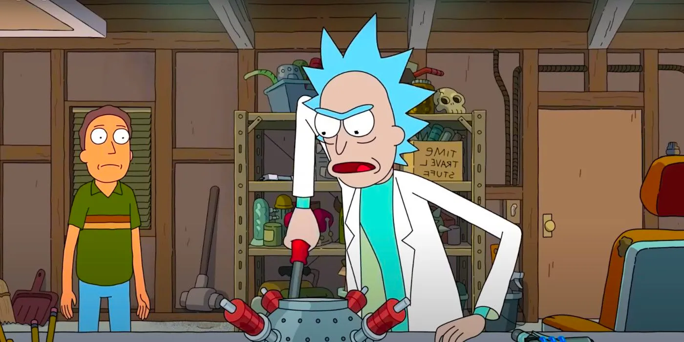 Rick works at his workbench while Jerry looks on in Rick and Morty season 7 Image