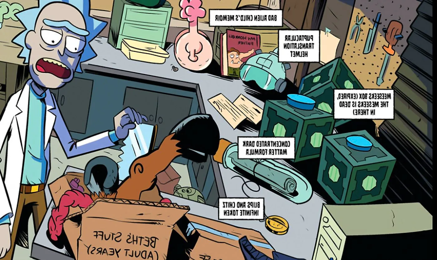 Rick's garage from Rick and Morty 10th Anniversary Special #1, featuring assorted different devices and knicknacks. Image