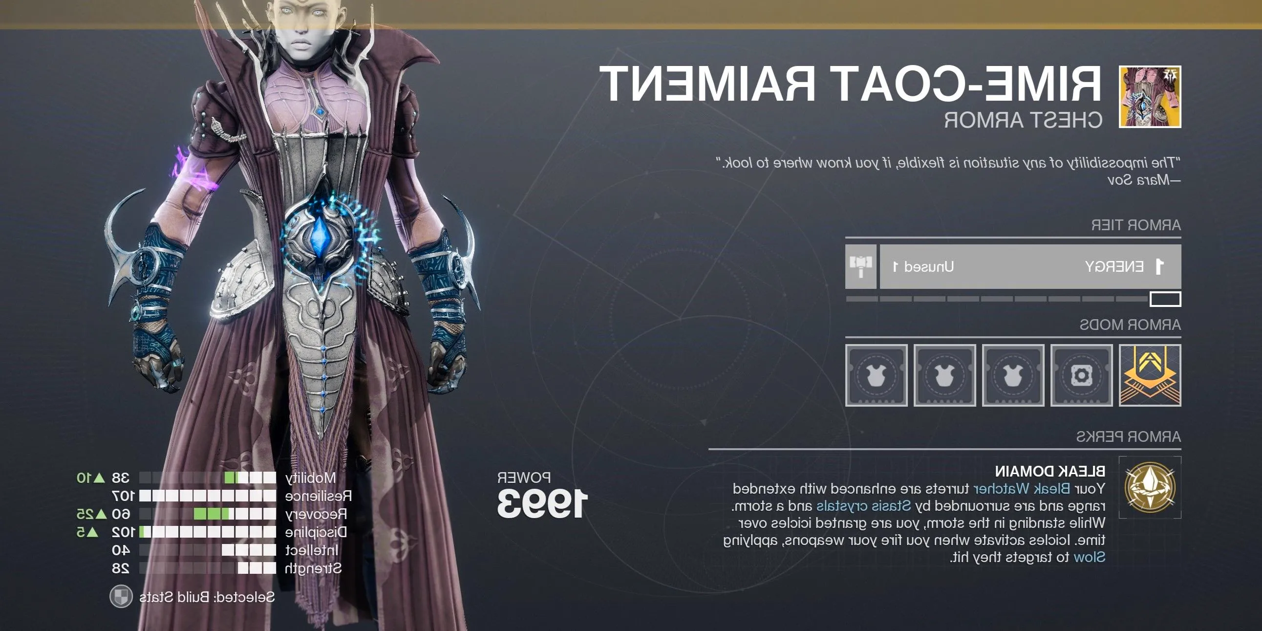 Rime-Coat Raiment Exotic armor menu in Destiny 2 Image