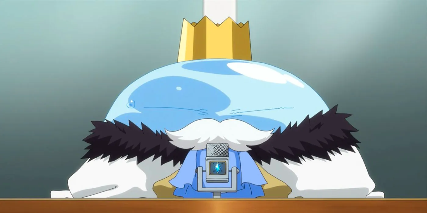 Rimuru in slime form wearing a crown and cape. Image