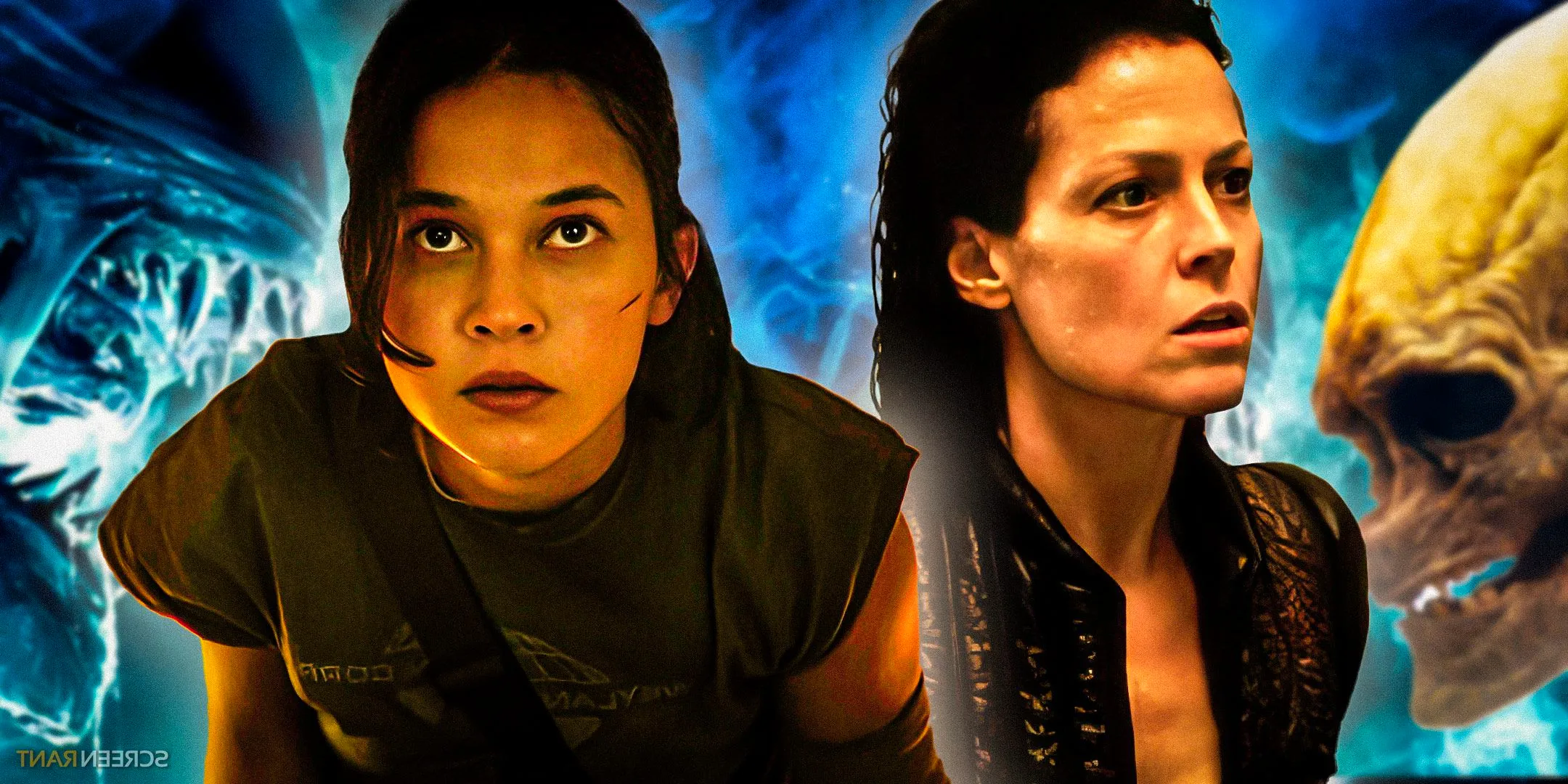 Ripley from Alien Resurrection with Cailee Spaeny's Rain from Romulus with the Newborn in the background. Image