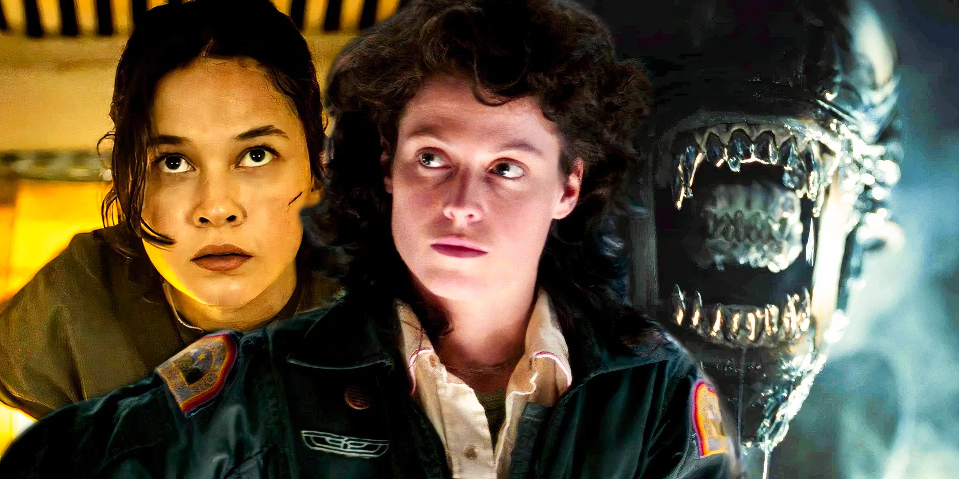 Ripley looking to the side in Alien, while Rain is looking up and a Xenomorph appears in Romulus Image