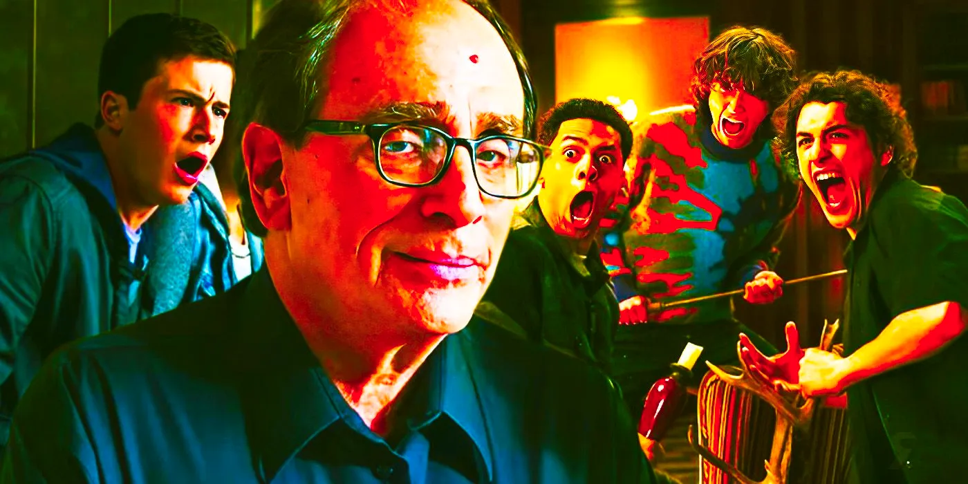 RL Stine Cameos in front of images from the Goosebumps show and movie Image