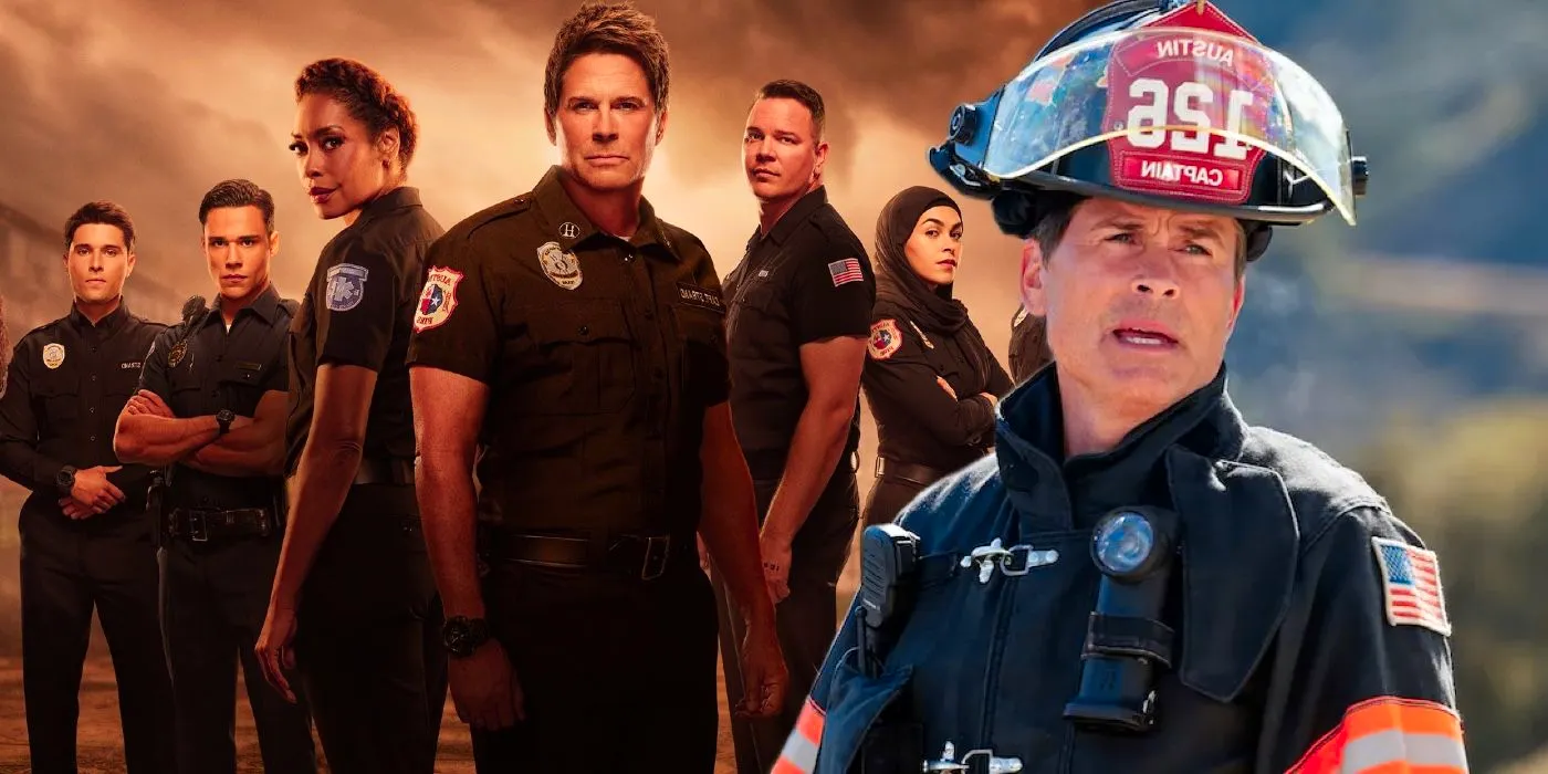 Rob Lowe looks on in firefighting gear composited in front of a cast photo of 9-1-1 Lone Star Image