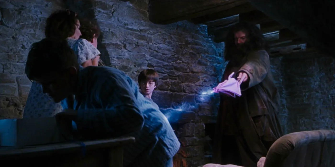 Robbie Coltrane as Hagrid Gives Dudley Dursley a Pig Tail in Harry Potter Image