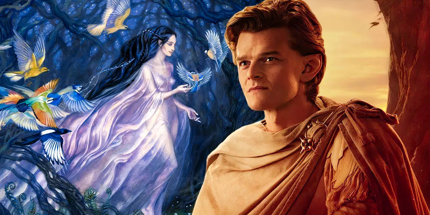 Robert Aramayo as Elrond in The Rings of Power season 1 (2021) next to artwork of the Maiar Melian from Lord of the Rings Image