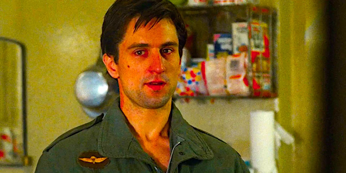 Robert De Niro as Travis Bickle posing and talking to himself in front of a mirror in a famous scene from Taxi Driver Image