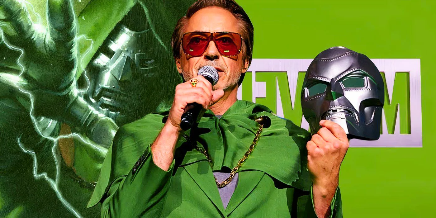 Robert Downey Jr. as Doctor Doom and the Marvel Studios logo in green with Doctor Doom from Marvel Comics Image