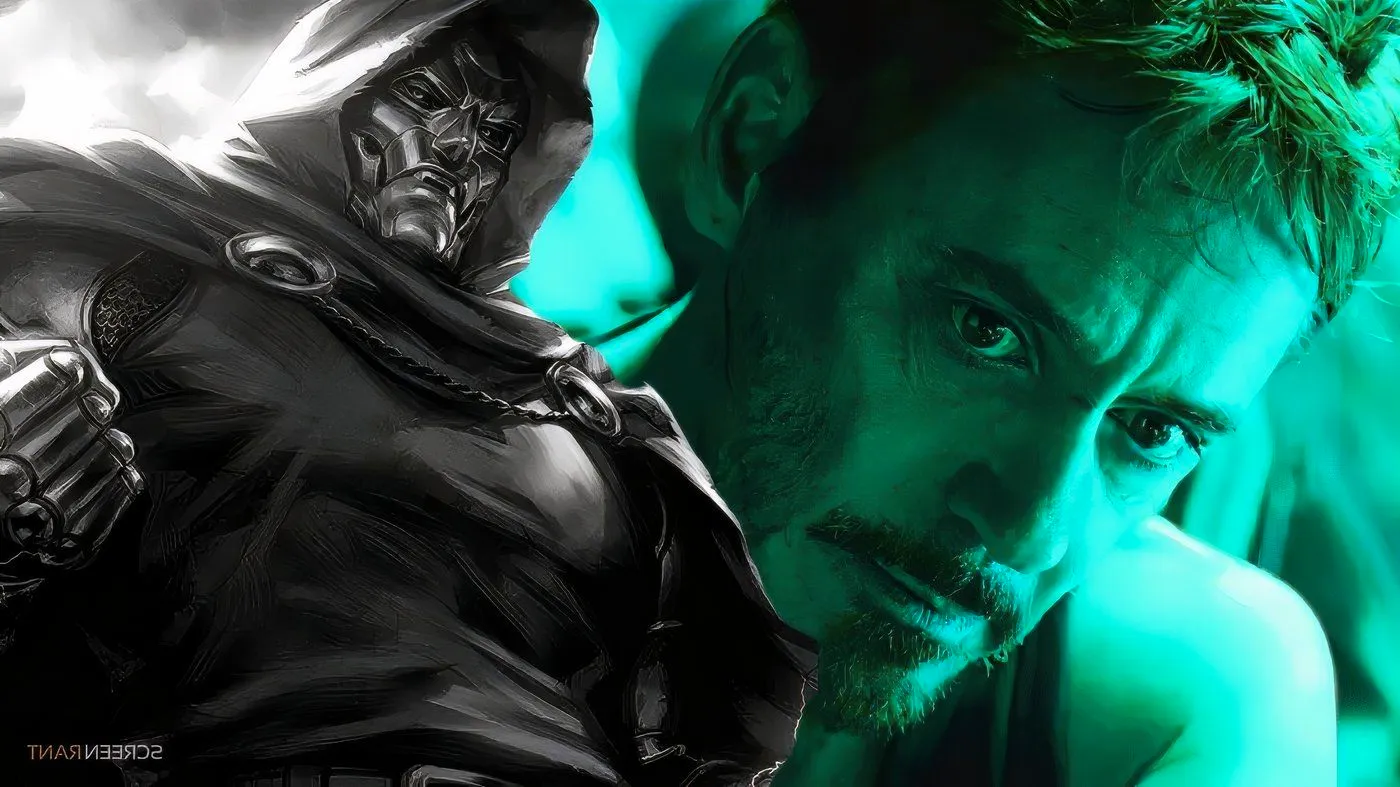 Robert Downey Jr. as Tony Stark from Avengers: Endgame with Marvel Comics' Doctor Doom next to him. Image