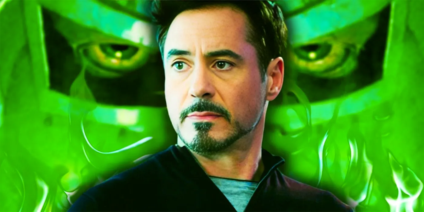 Robert Downey Jr as Tony Stark in Front of a Green Doctor Doom Mask Image