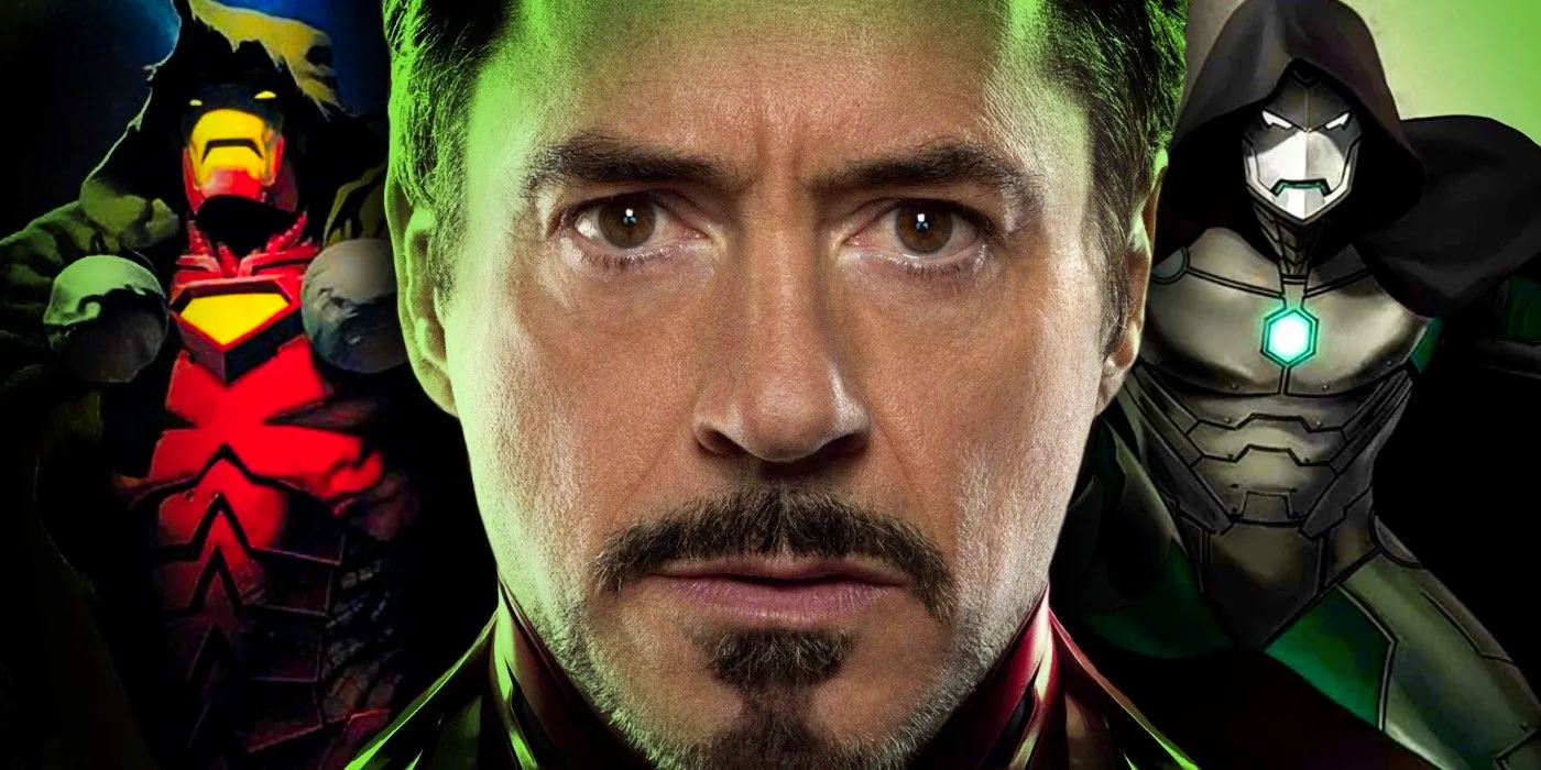 robert downey jr's iron man surrounded by doctor doom variants Image