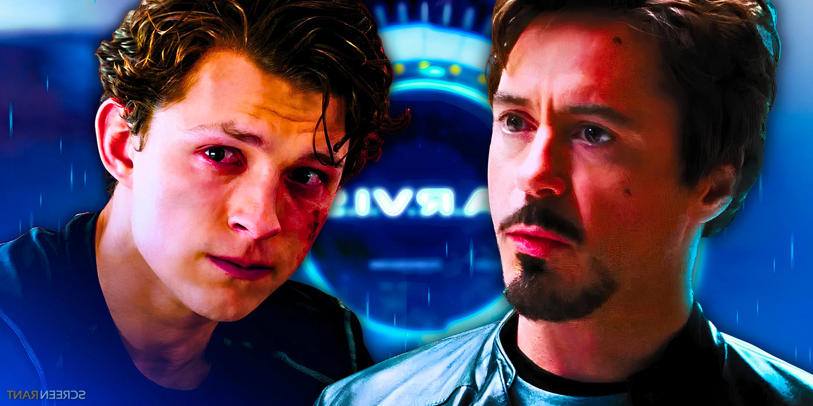 Robert Downey Jr.'s Tony Stark and Tom Holland's Peter Parker with JARVIS in the middle Image