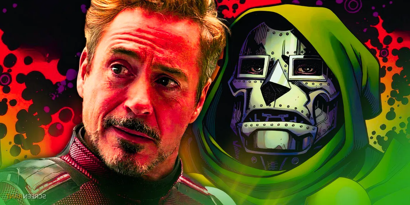 Robert Downey Jr.'s Tony Stark in Avengers: Endgame's time travel suit and Doctor Doom in Marvel Comics with a fiery cosmic background Image