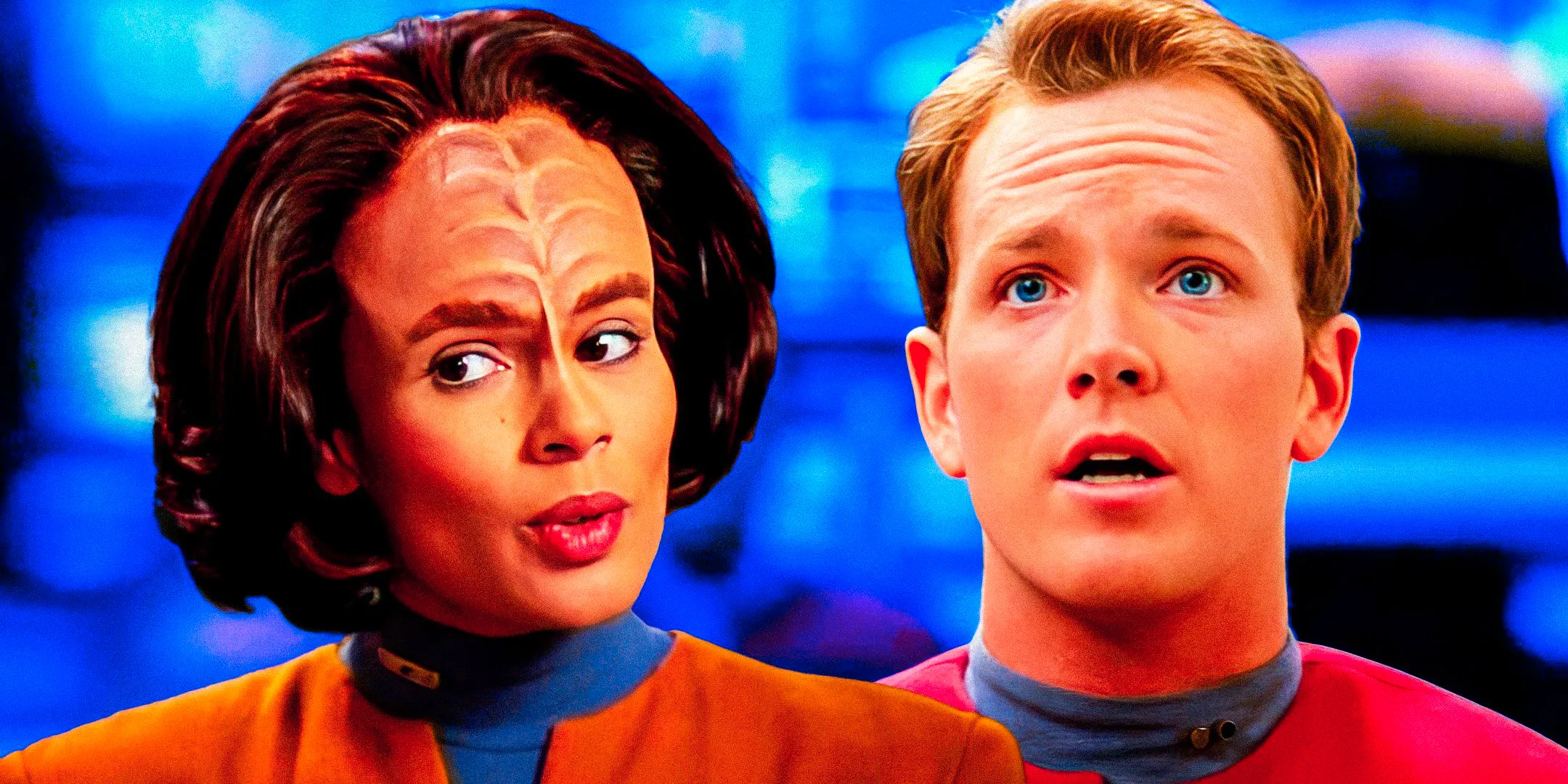 Robert Duncan McNeill as Tom Paris and Roxann Dawson as B'Elanna Torres from Star Trek: Voyager both make surprised faces on a blue background. Image