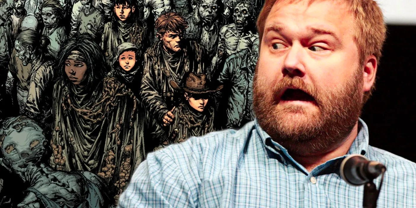 Robert Kirkman with the cover of The Walking Dead #83 behind him. Image