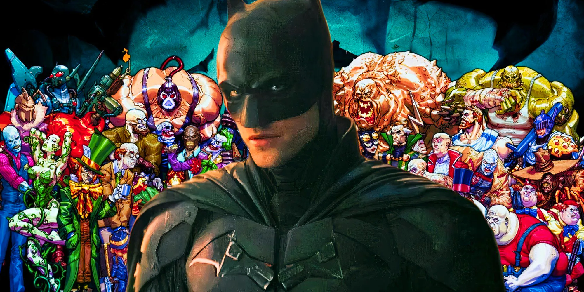 Robert Pattinson as Batman in The Batman (2022) above an image of Batman's Rogues Gallery from DC Comics Image