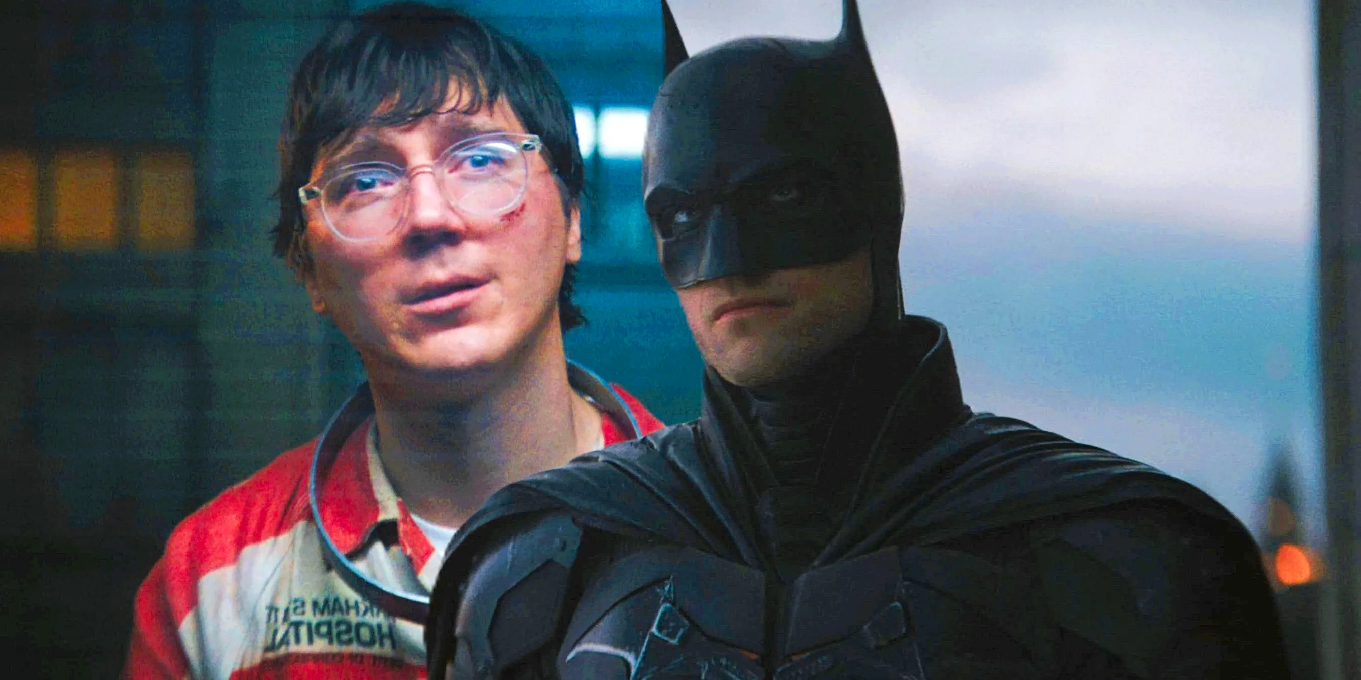 Robert Pattinson As Batman In The Batman With Paul Dano As Riddler In Arkham Jumpsuit Image