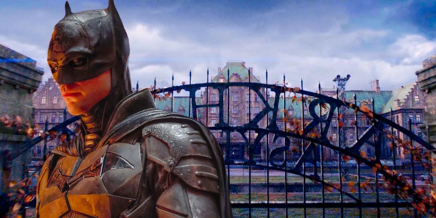 Robert Pattinson Batman in front of Arkham Asylum  Image